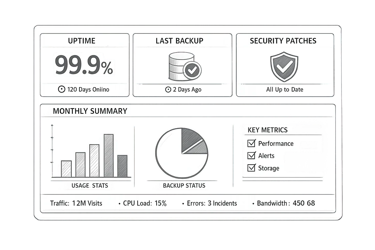 Monochrome dashboard mockup showing uptime, last-backup, security-patch status, and a monthly summary panel with traffic / load / errors / bandwidth.