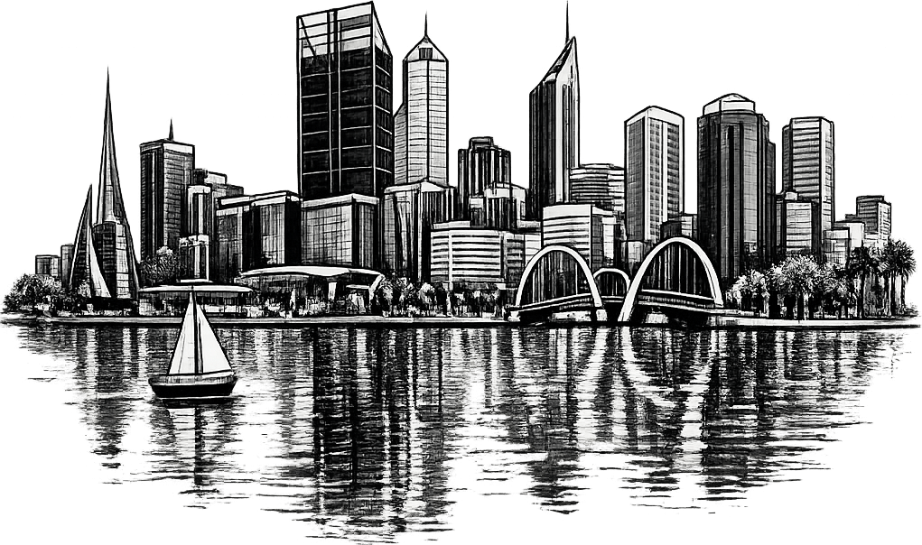Black and white line-art city skyline — towers, a waterfront bridge, palm-lined promenade, sailboat on calm water.