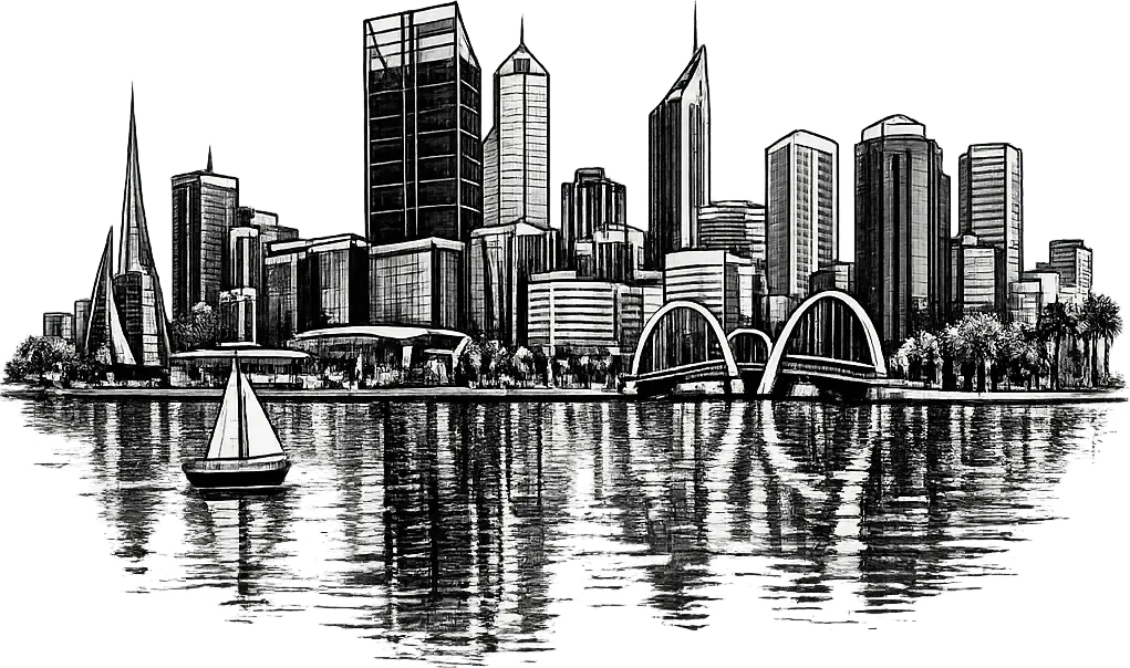 Black and white line-art city skyline - towers, a waterfront bridge, palm-lined promenade, sailboat on calm water.