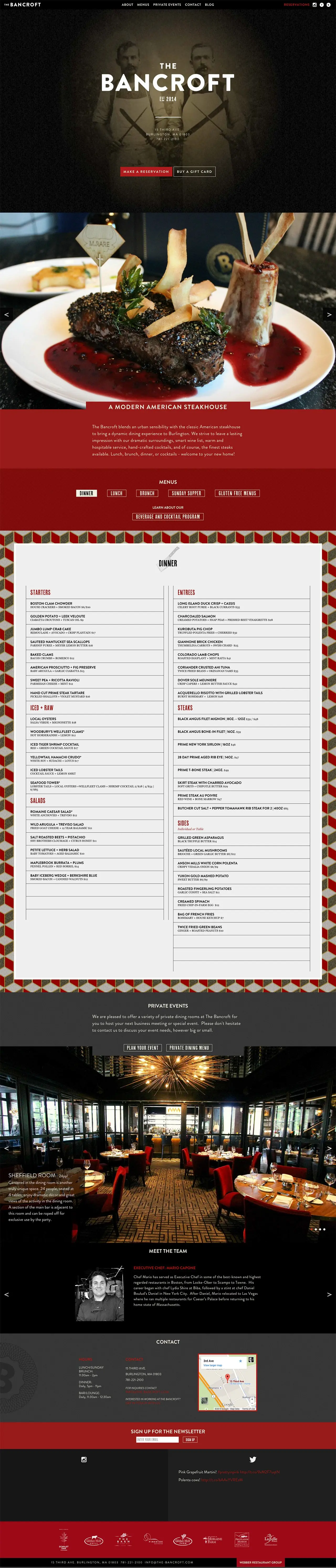 Full long-form preview of The Bancroft steakhouse website.