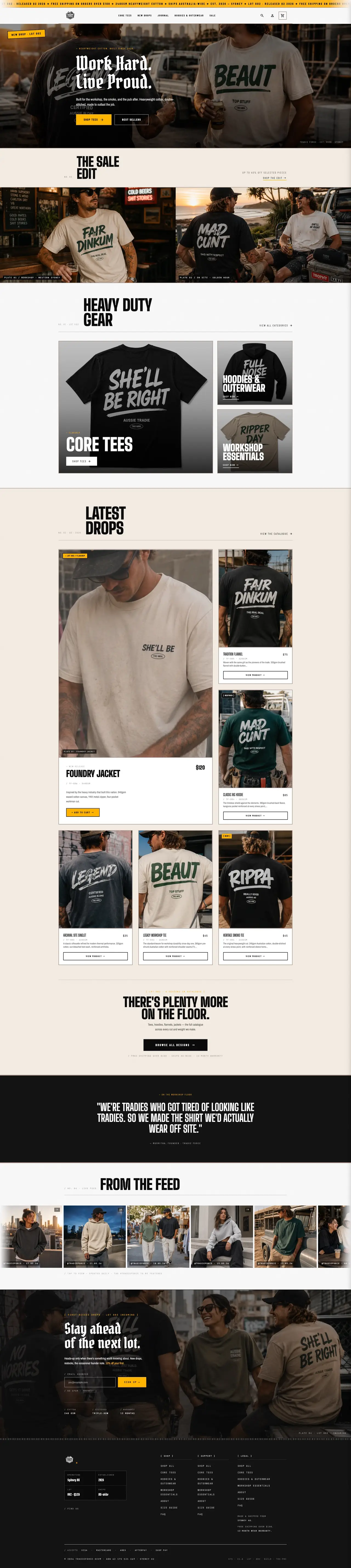 Full long-form preview of the TradieForce streetwear Shopify store.